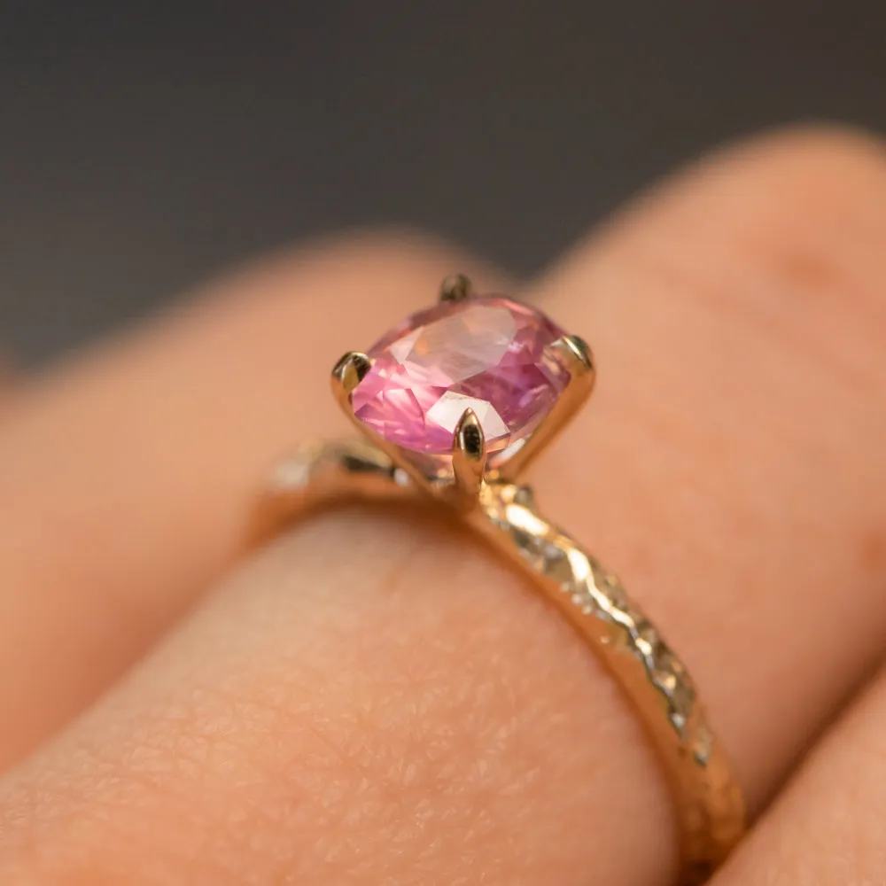 1.35ct Oval Hot Pink Montana Sapphire Evergreen Carved 4 Prong Solitaire in 14k Yellow Gold