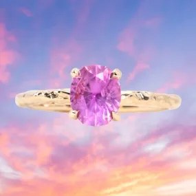 1.35ct Oval Hot Pink Montana Sapphire Evergreen Carved 4 Prong Solitaire in 14k Yellow Gold