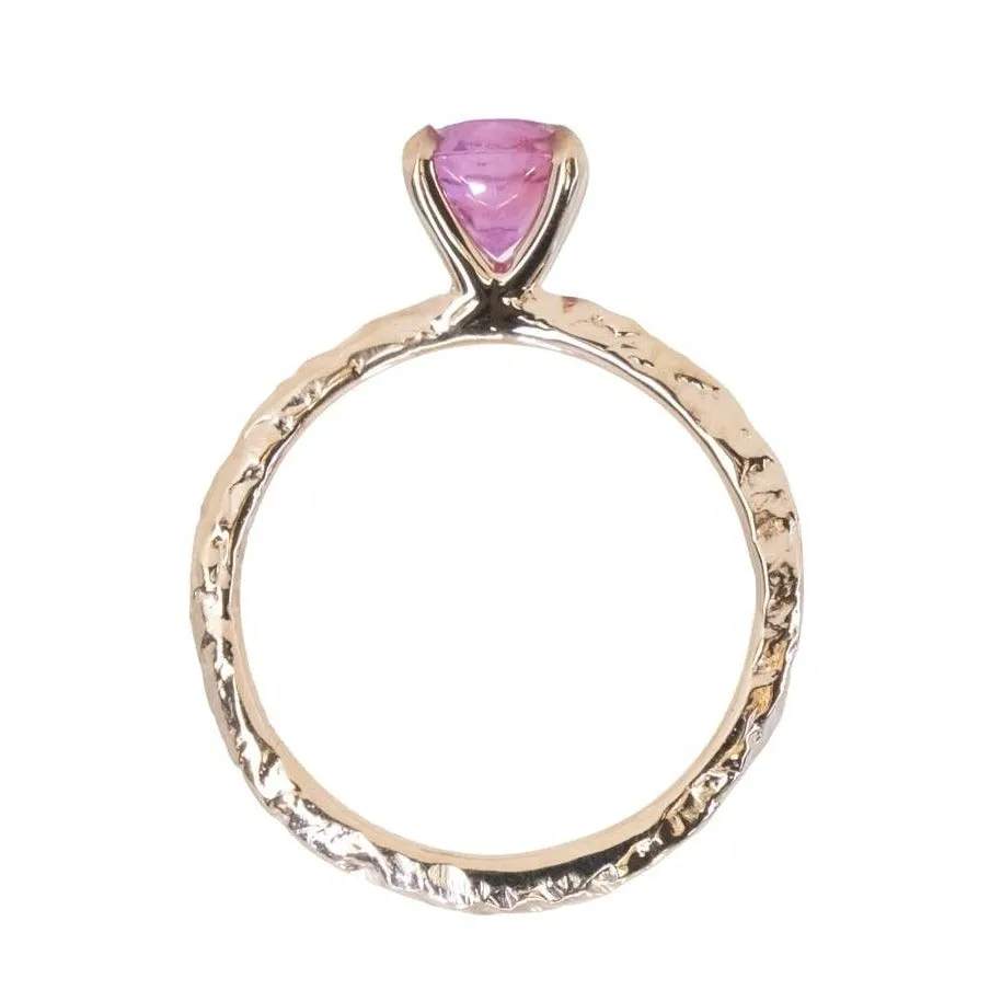 1.35ct Oval Hot Pink Montana Sapphire Evergreen Carved 4 Prong Solitaire in 14k Yellow Gold