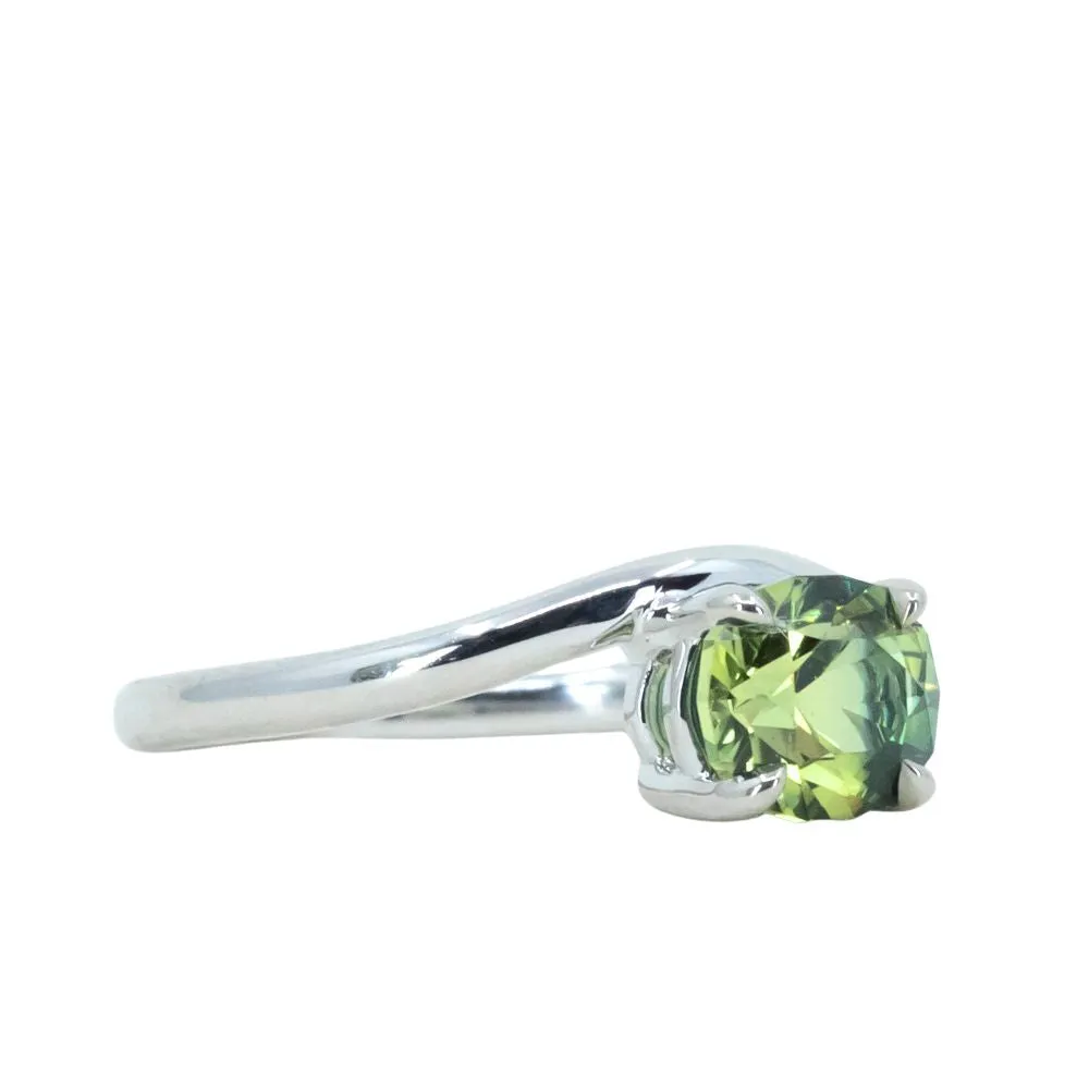 1.38ct Australian Modern Oval Parti Green Yellow Sapphire Low Profile Curved Offset Basket Solitaire in 14k White