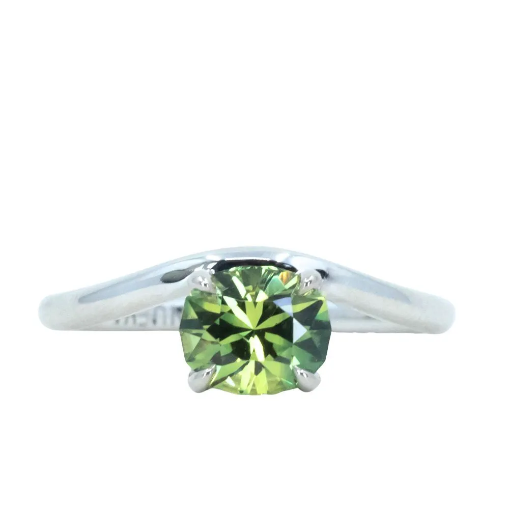 1.38ct Australian Modern Oval Parti Green Yellow Sapphire Low Profile Curved Offset Basket Solitaire in 14k White