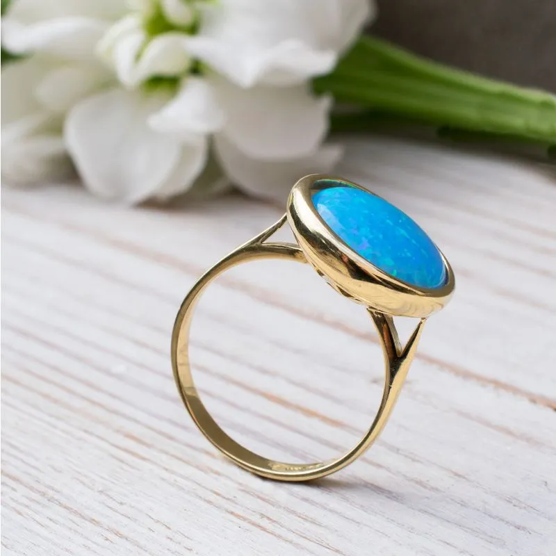 14K Yellow Gold Round Blue Opal 14mm Ring