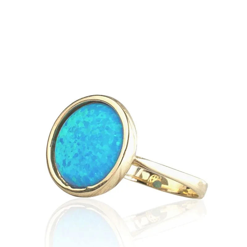 14K Yellow Gold Round Blue Opal 14mm Ring