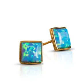 14K Yellow Gold Square Blue Opal 6X6mm Stud Earrings