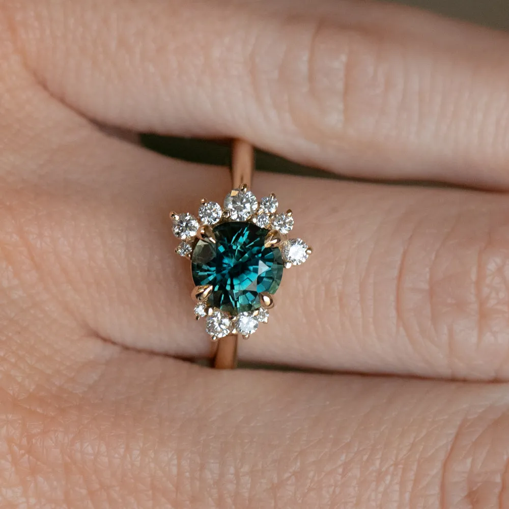 1.78ct Round Teal Madagascar Sapphire and Diamond Asymmetrical Cluster Ring in 14k Yellow Gold