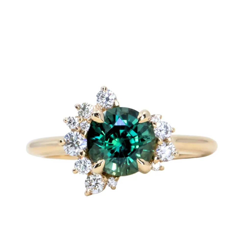 1.78ct Round Teal Madagascar Sapphire and Diamond Asymmetrical Cluster Ring in 14k Yellow Gold