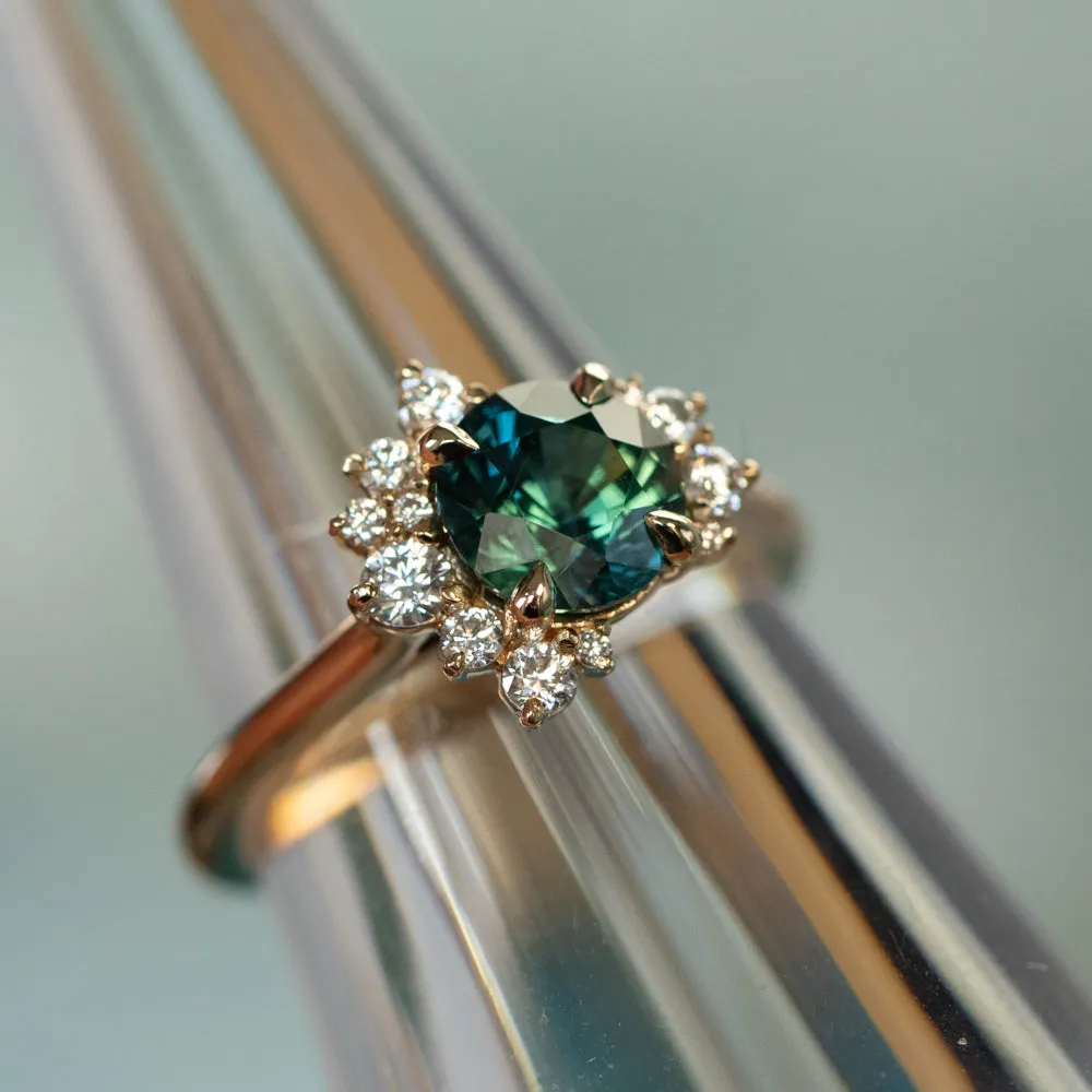 1.78ct Round Teal Madagascar Sapphire and Diamond Asymmetrical Cluster Ring in 14k Yellow Gold