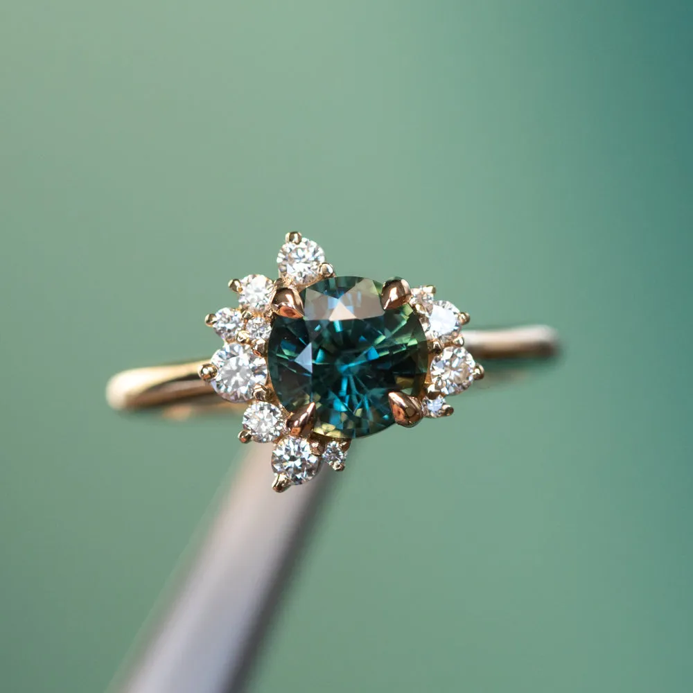 1.78ct Round Teal Madagascar Sapphire and Diamond Asymmetrical Cluster Ring in 14k Yellow Gold