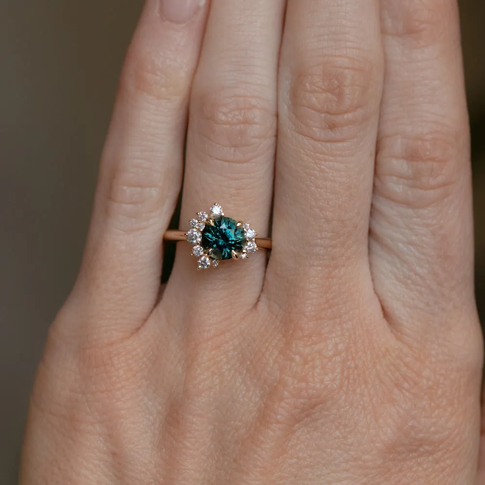 1.78ct Round Teal Madagascar Sapphire and Diamond Asymmetrical Cluster Ring in 14k Yellow Gold