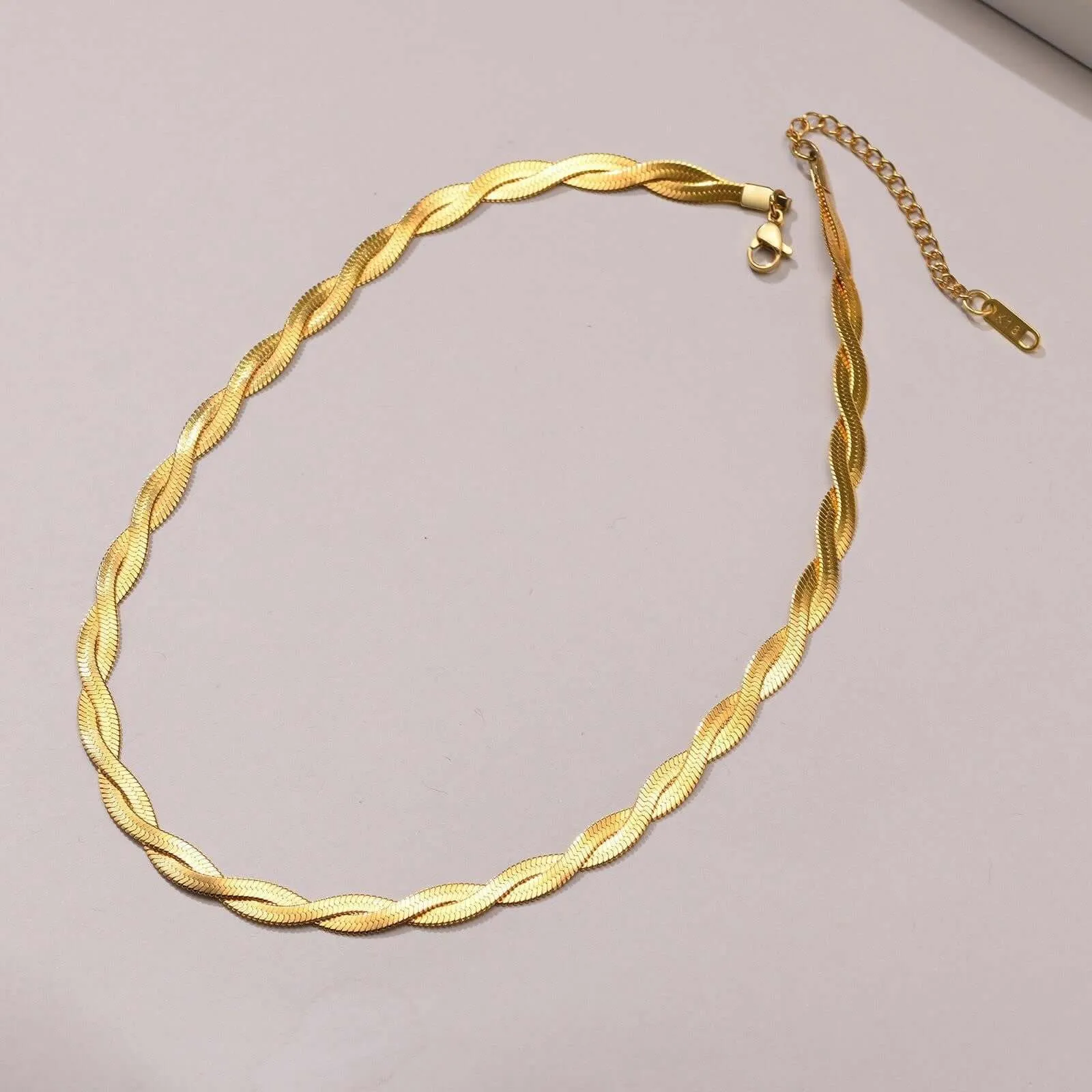 18K Gold Plated Twists Knitted Double Layer Snake Bone Chain Necklace