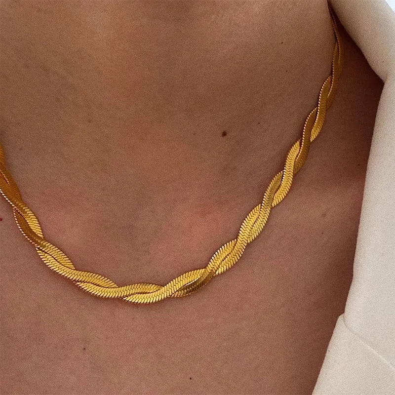 18K Gold Plated Twists Knitted Double Layer Snake Bone Chain Necklace