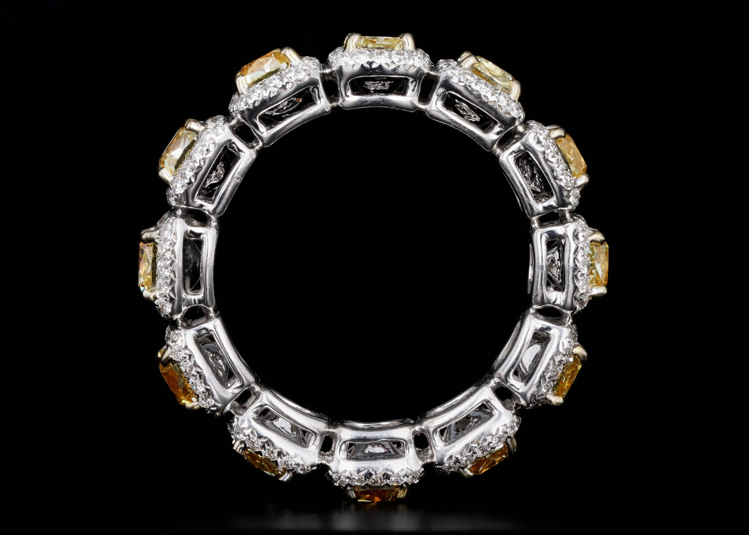 18K White Gold 4.77 Carat Total Weight Fancy Yellow Cushion Diamond Halo Eternity Band