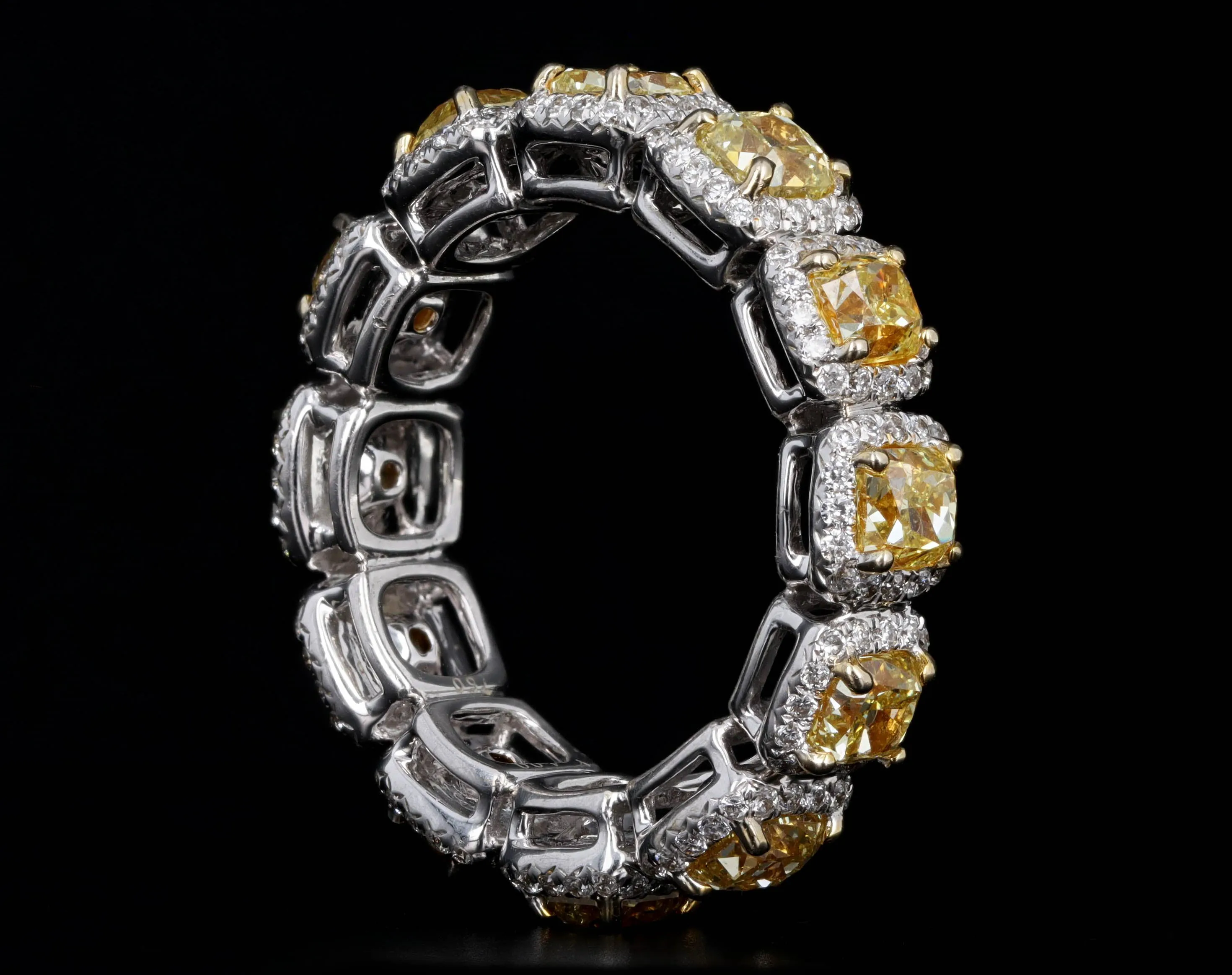 18K White Gold 4.77 Carat Total Weight Fancy Yellow Cushion Diamond Halo Eternity Band