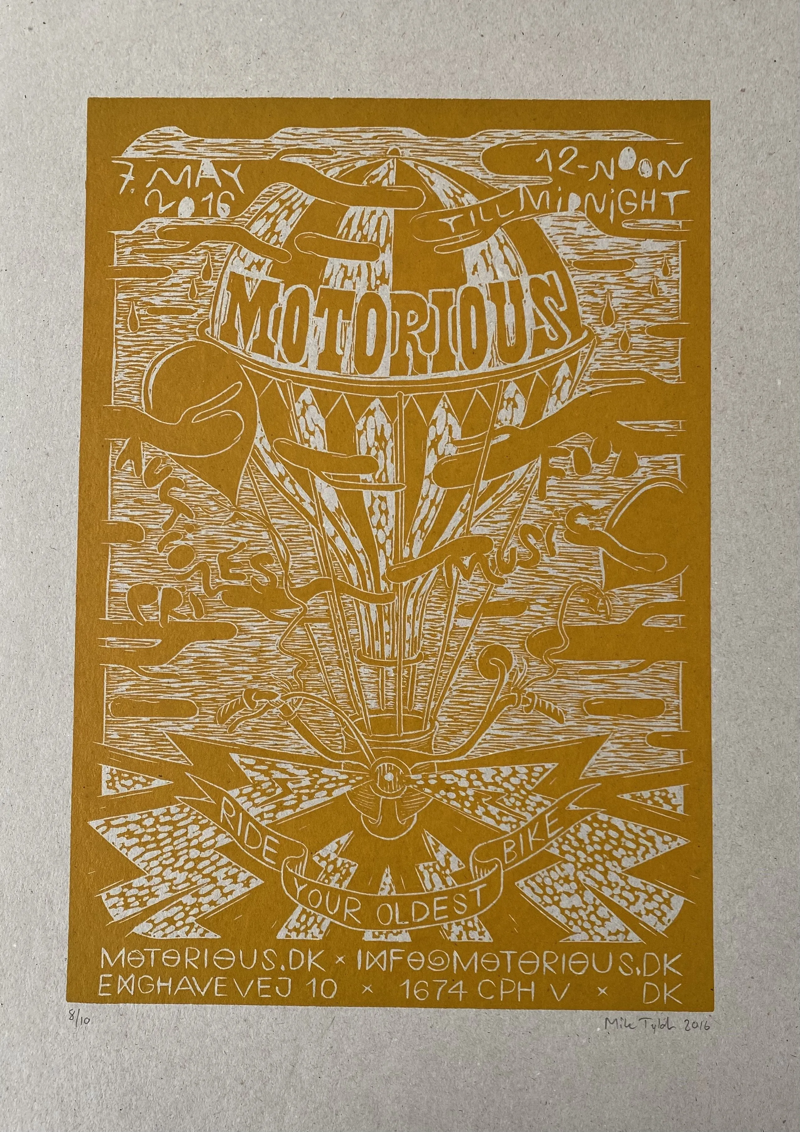 2016 Motorious lino-cut by Mike Tylak, A3 oversize, Yellow on Eco