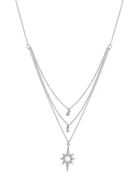 925 Sterling Silver Dangling Burst Star With Rhodium Plated Layered Necklace