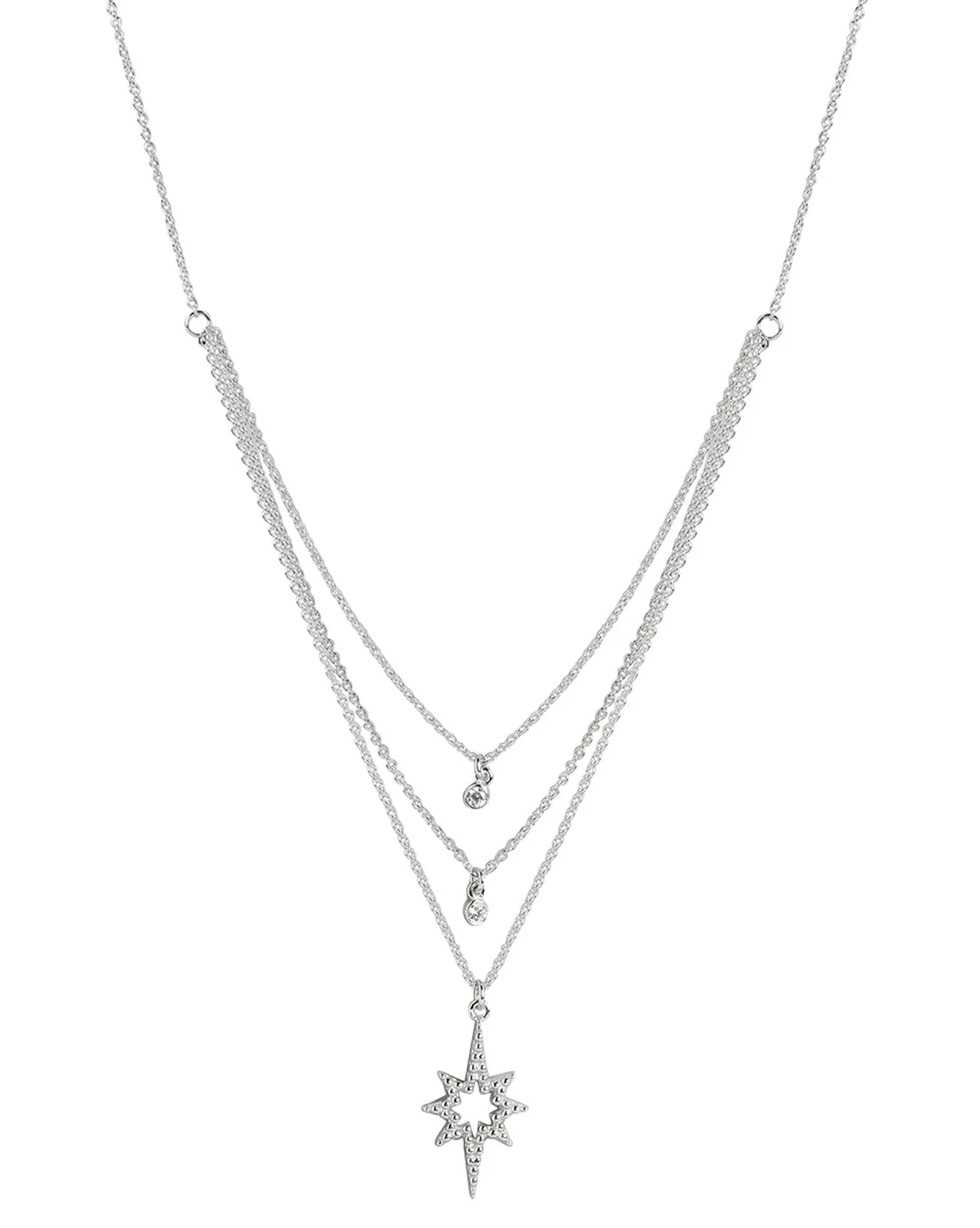 925 Sterling Silver Dangling Burst Star With Rhodium Plated Layered Necklace