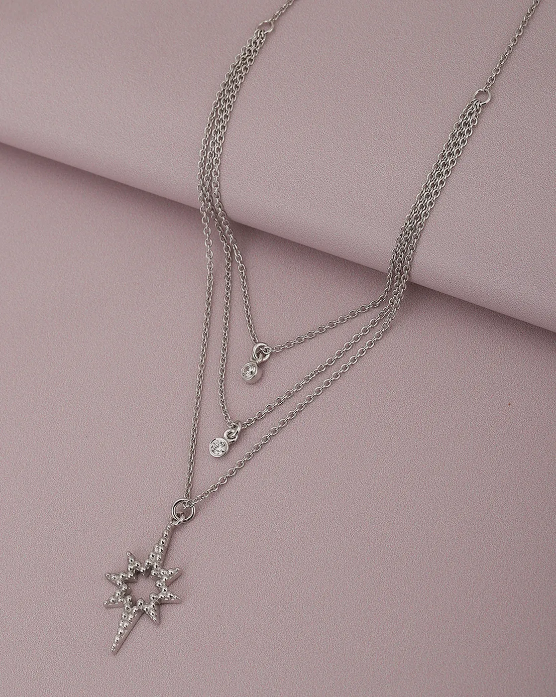 925 Sterling Silver Dangling Burst Star With Rhodium Plated Layered Necklace