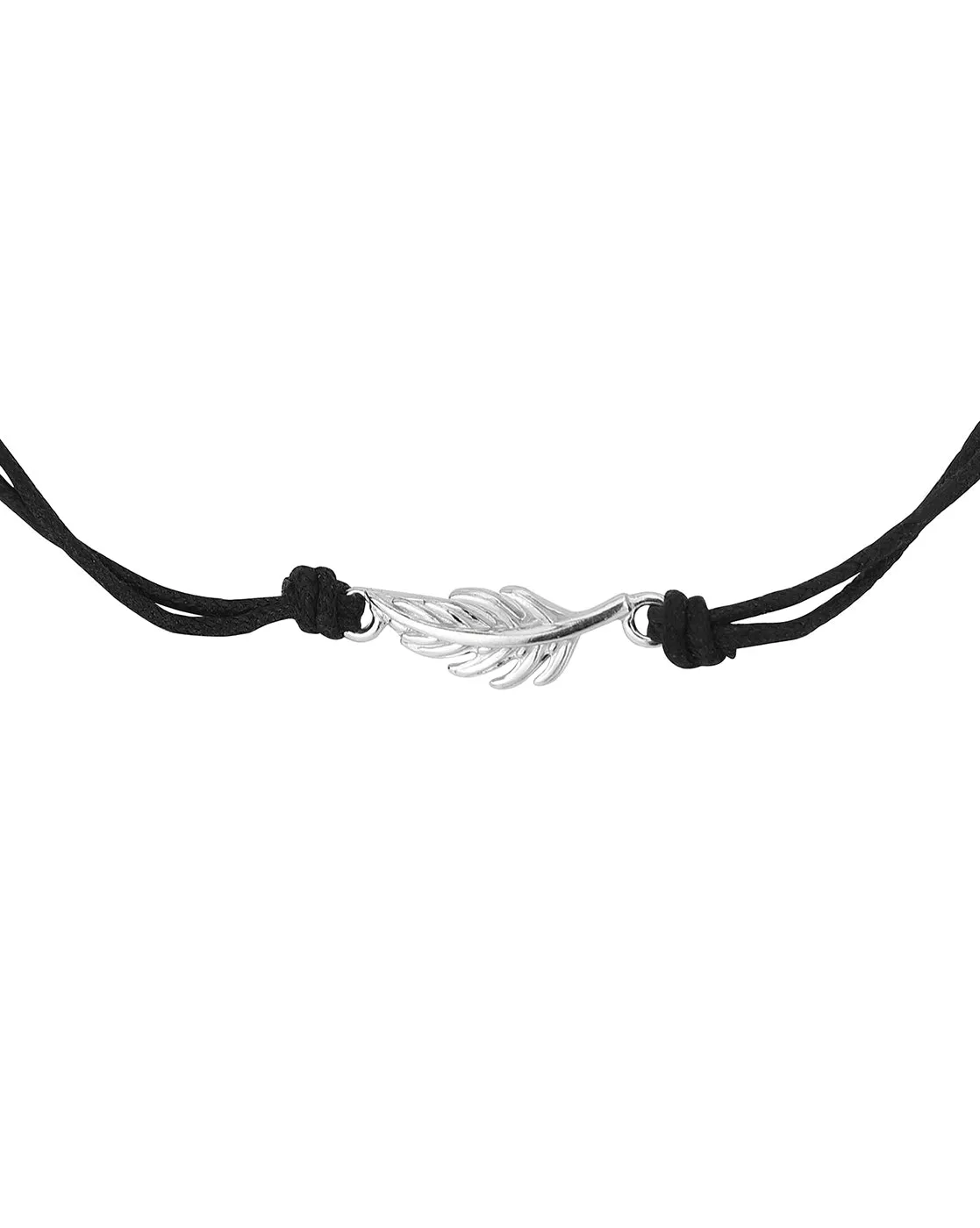 925 Sterling Silver Leaf Charm In Rhodium Plating With Cotton Cord Adjustable Bracelet