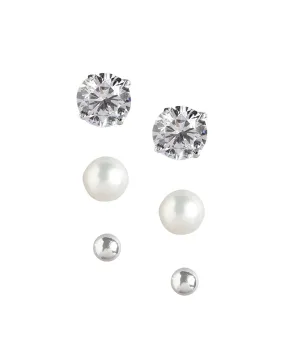 925 Sterling Silver Set Of 3 Rhodium Plated  With Zirconia-Pearl Stud Earring