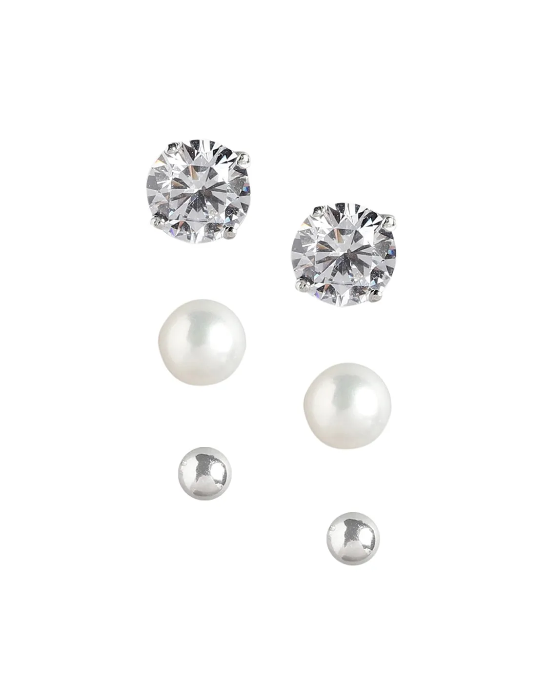 925 Sterling Silver Set Of 3 Rhodium Plated  With Zirconia-Pearl Stud Earring