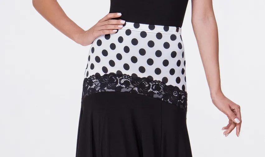 Adorable White and Black Polka Dot Ballroom Practice Skirt with Lace Accent and Matching Sleeveless Practice Top  PRA 542