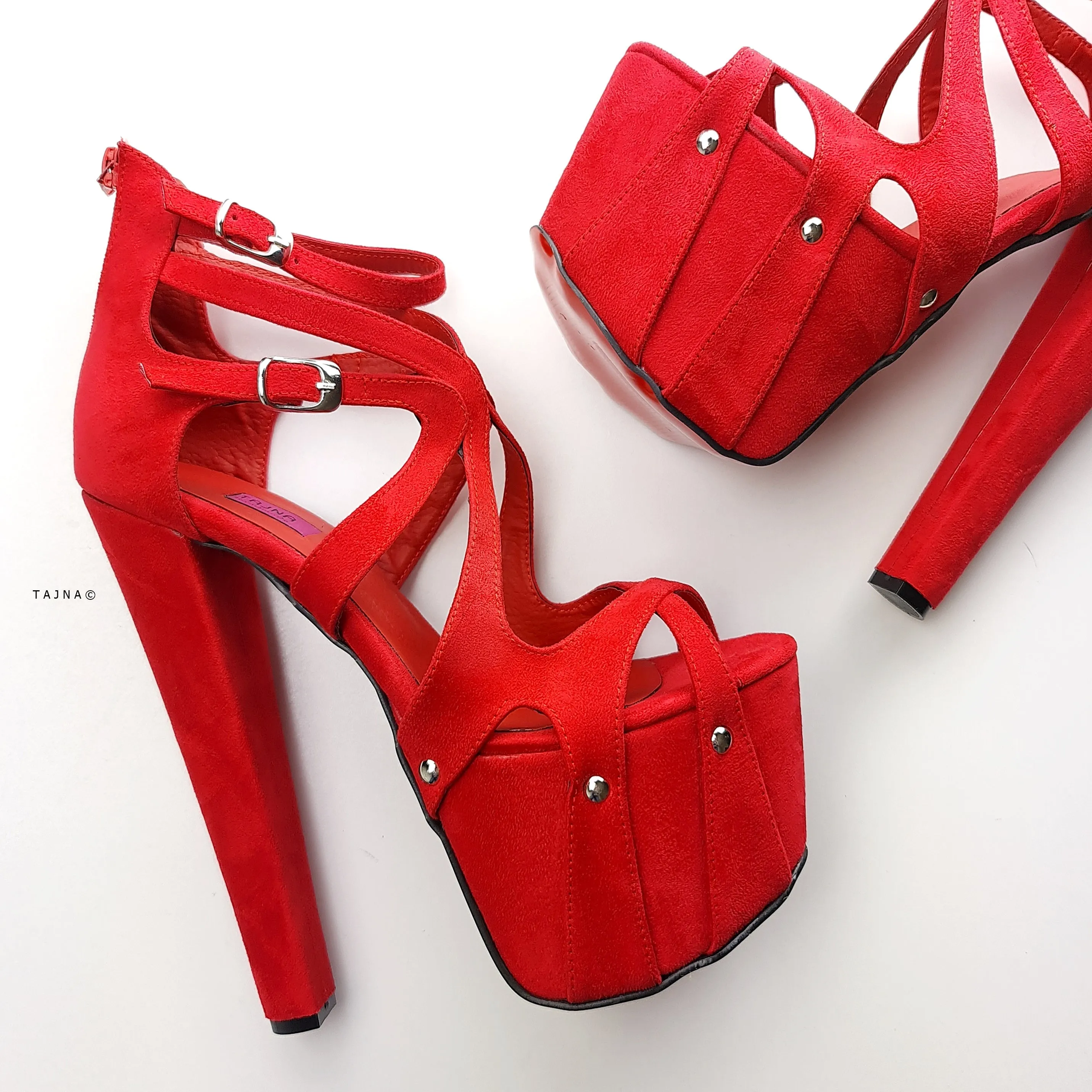 Ankle Cut Red Suede Cage Chunky High Heels