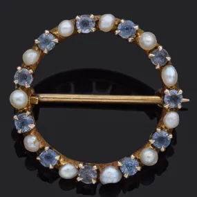 Antique 10K Yellow Gold Sapphire & Pearl Open Circle Brooch Pin