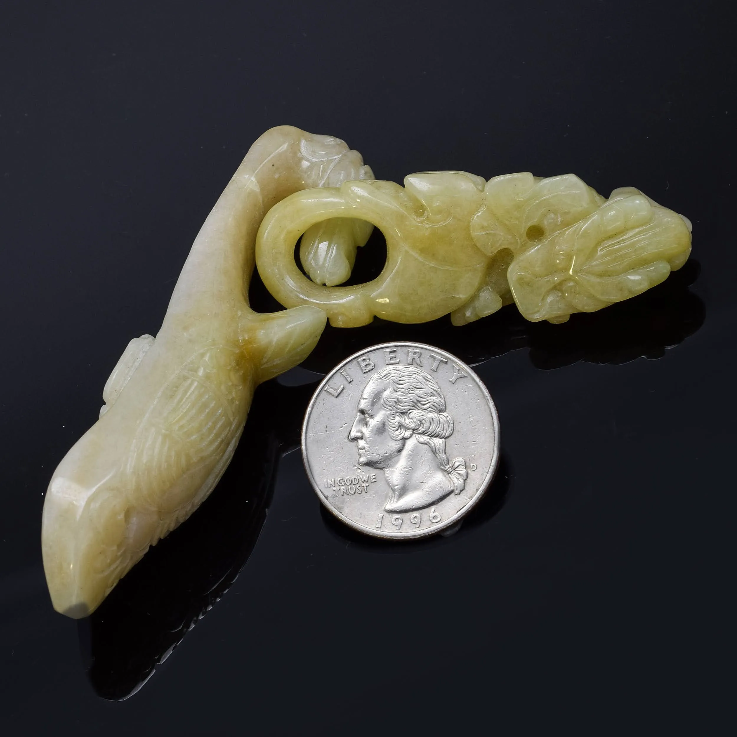 Antique Translucent Green Yellow Jade Carved Dragon Belt Buckle