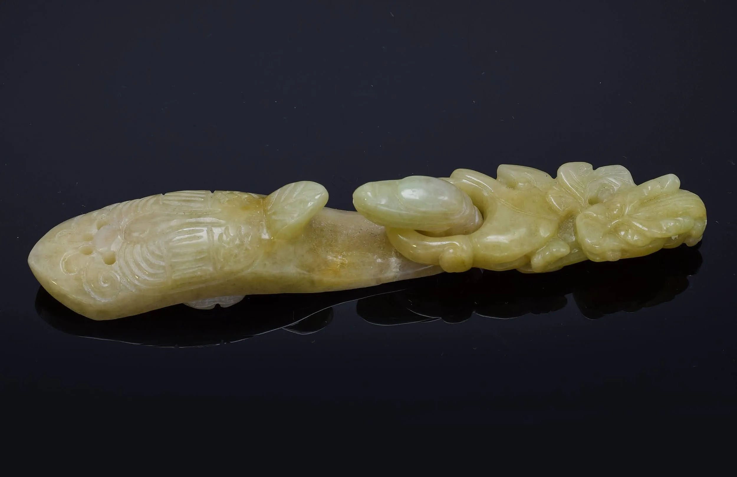 Antique Translucent Green Yellow Jade Carved Dragon Belt Buckle