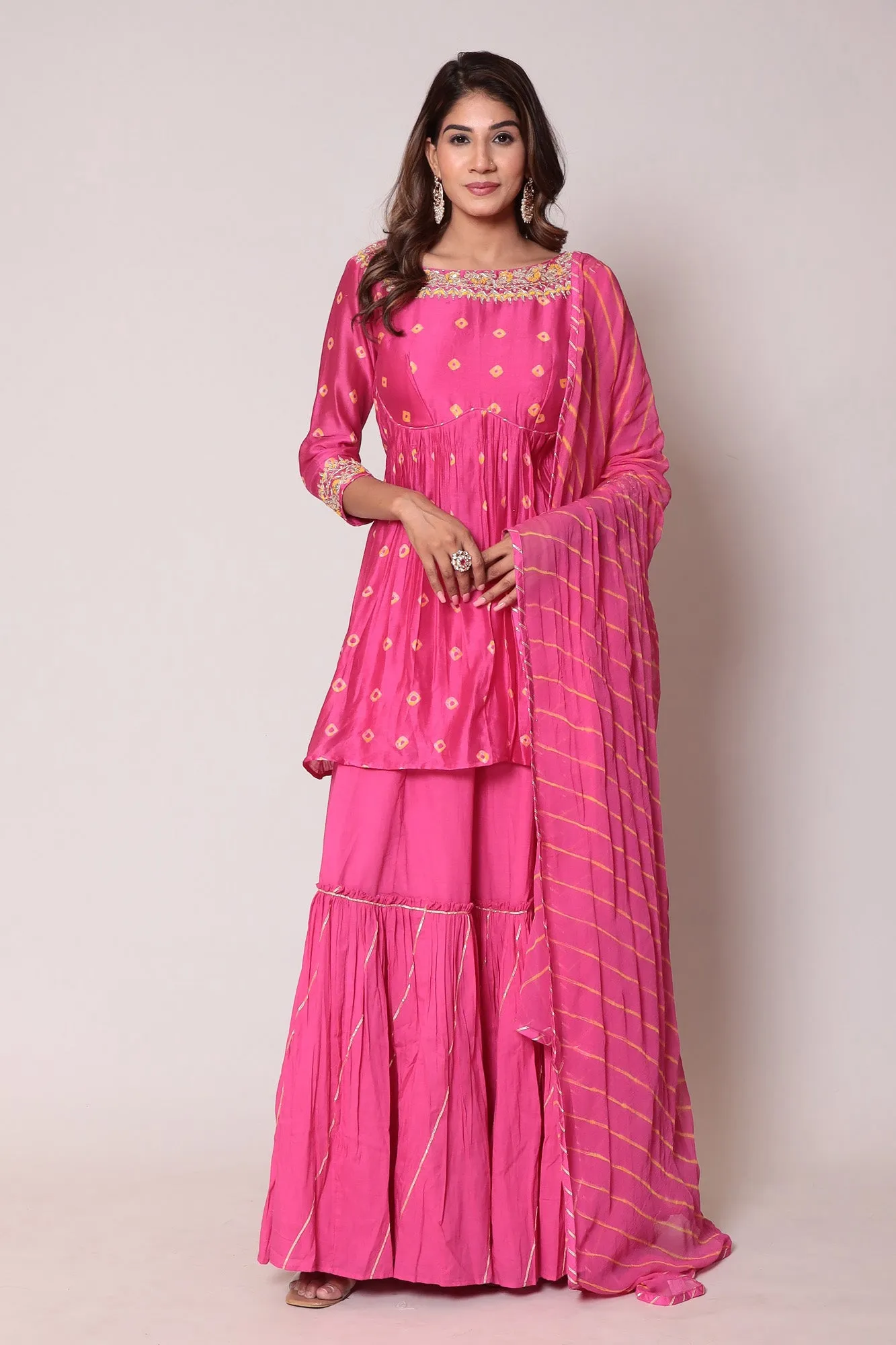 Bandhej Peplum Style Chanderi Suit with Gota Patti and Thread work.