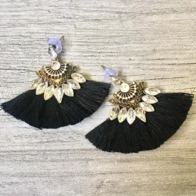 BLACK LARGE DIAMANTE TASSEL / FRINGE EARRINGS