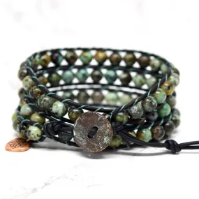 Black Leather & African Turquoise Wrap Bracelet