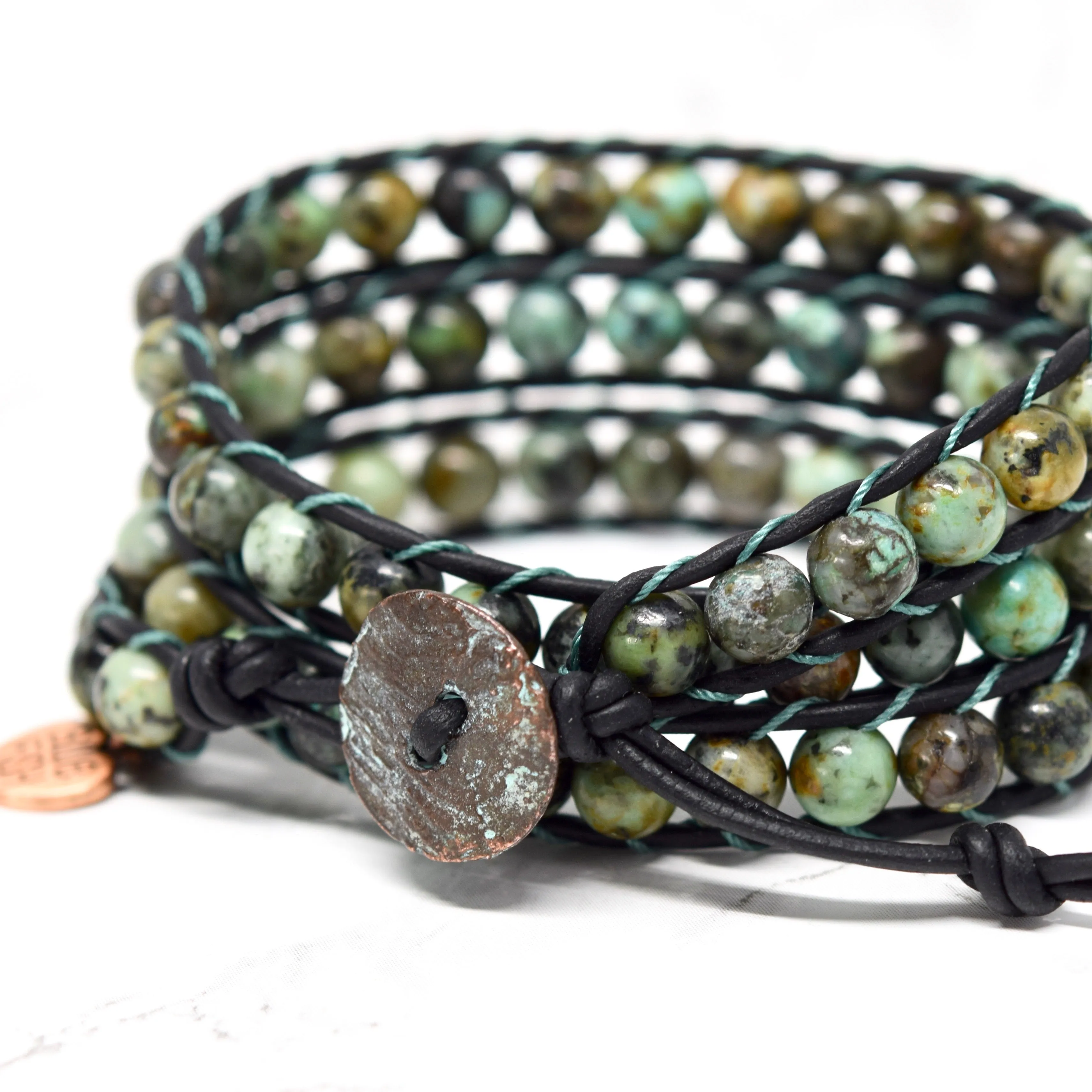 Black Leather & African Turquoise Wrap Bracelet