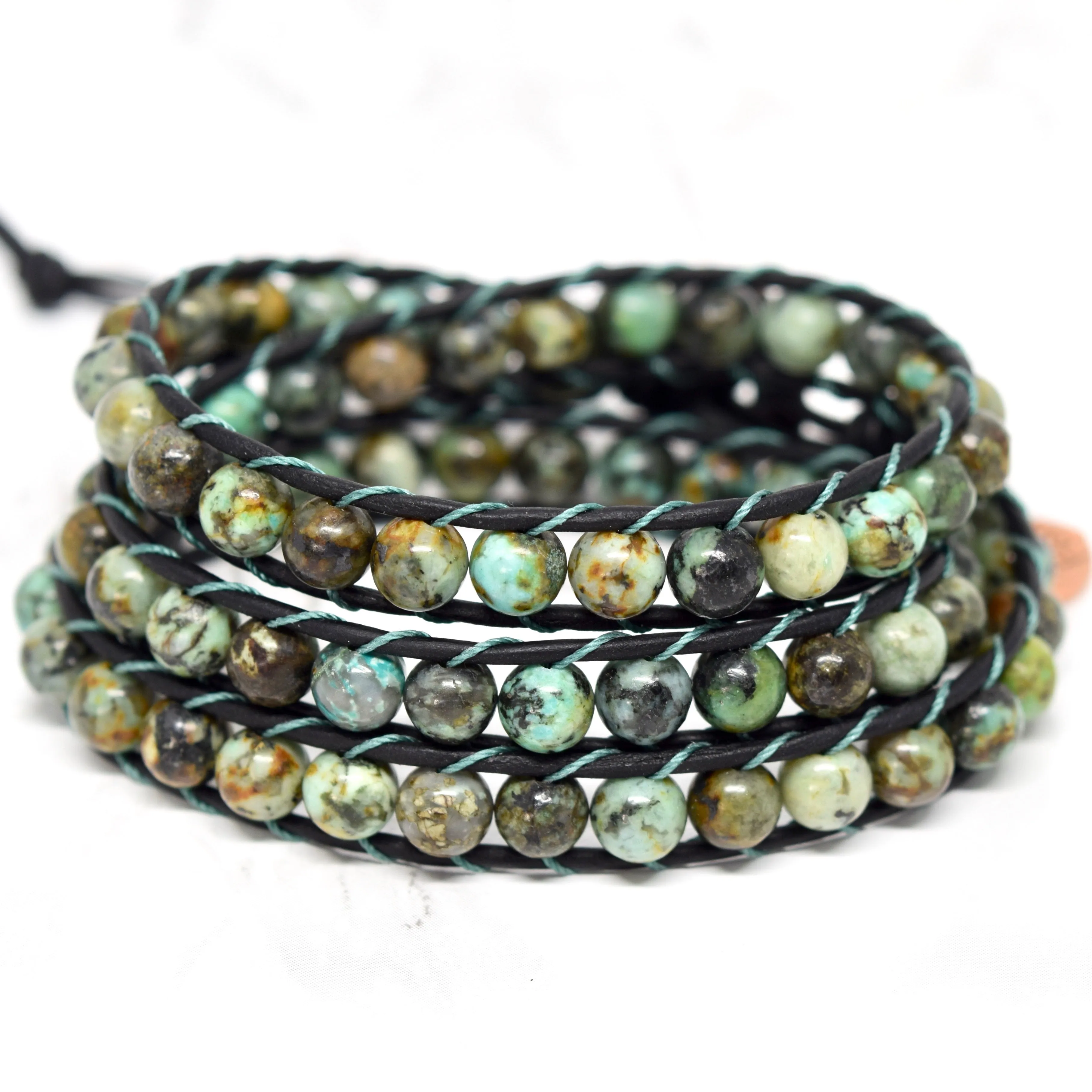 Black Leather & African Turquoise Wrap Bracelet