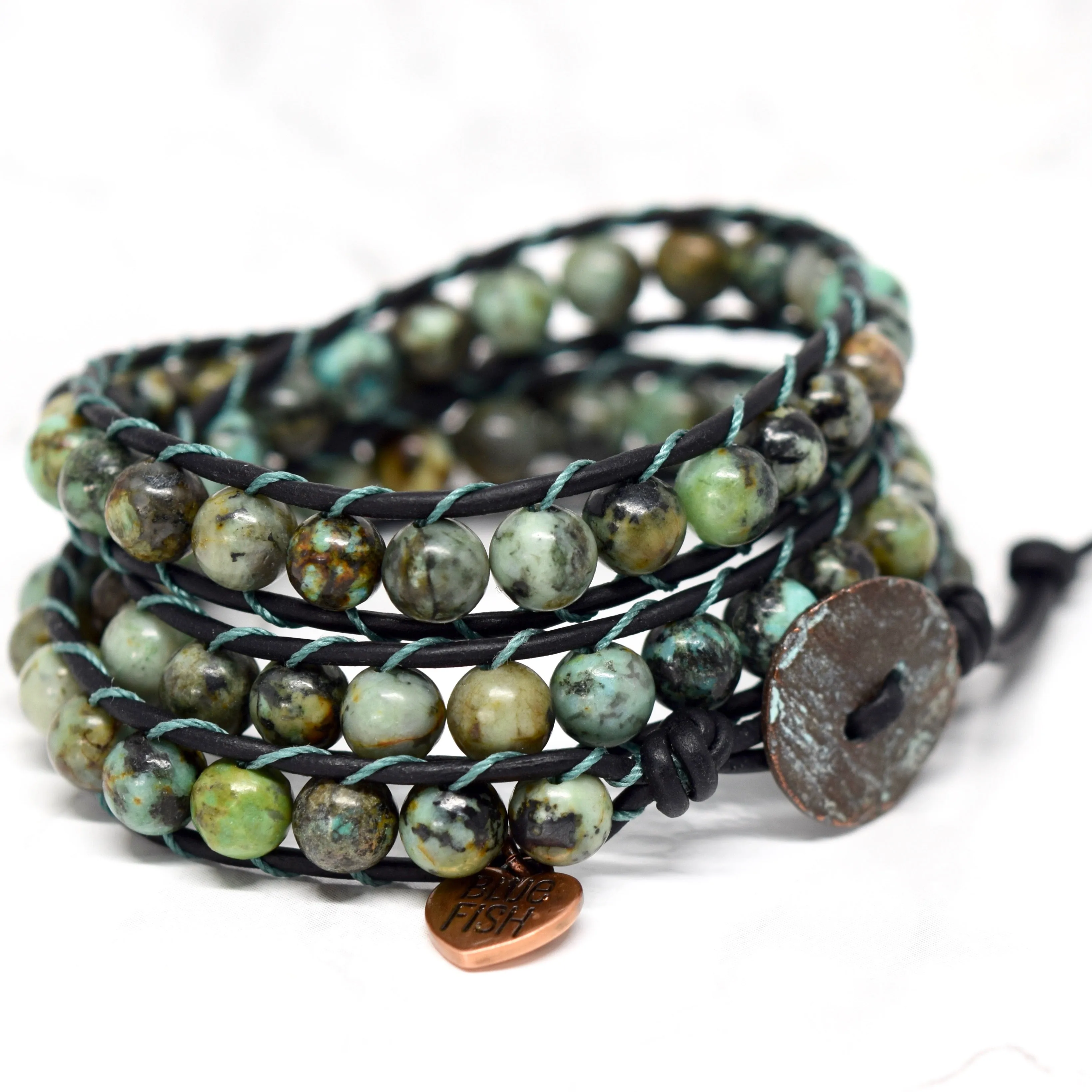 Black Leather & African Turquoise Wrap Bracelet