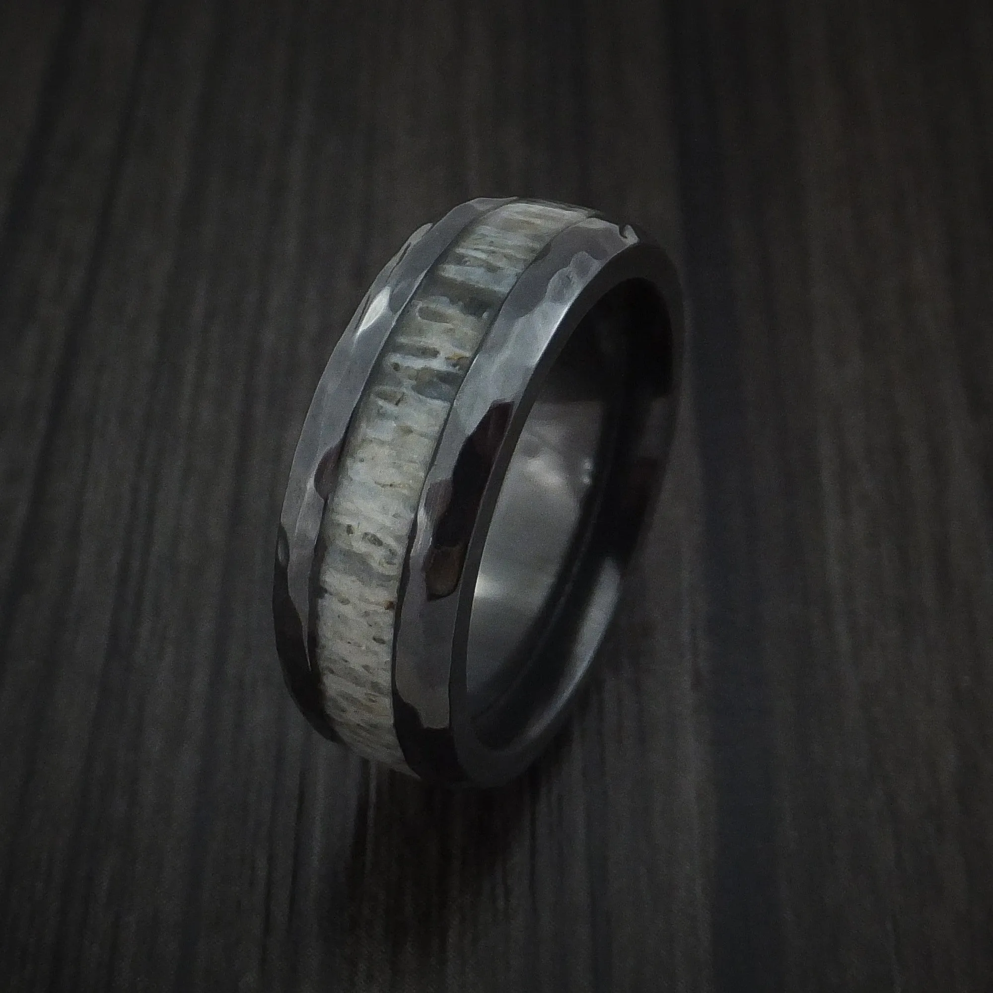 Black Titanium and Antler Hammered Men's Ring Custom Made Band