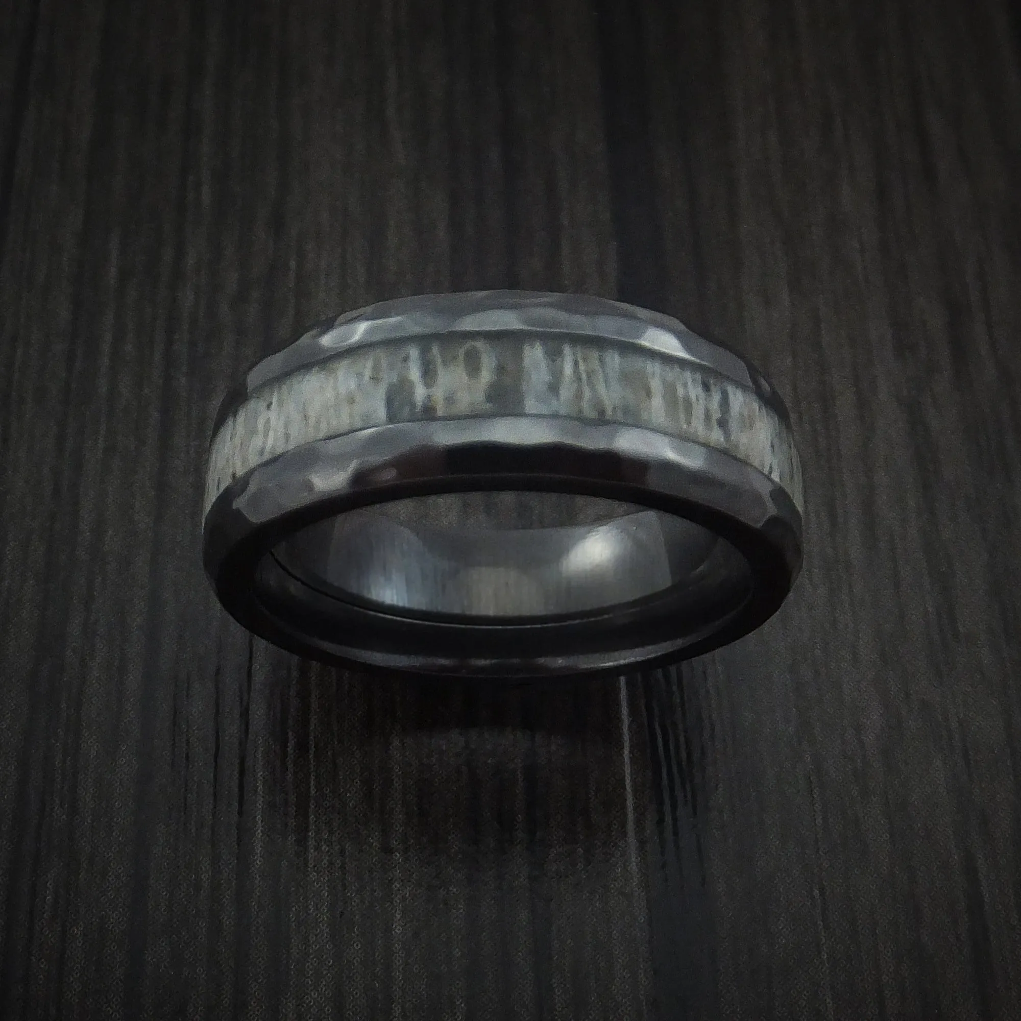 Black Titanium and Antler Hammered Men's Ring Custom Made Band