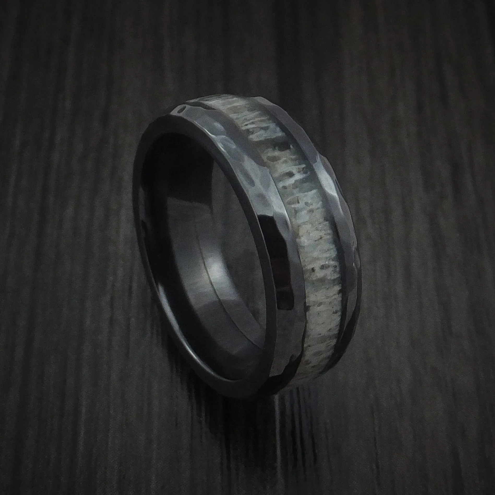 Black Titanium and Antler Hammered Men's Ring Custom Made Band