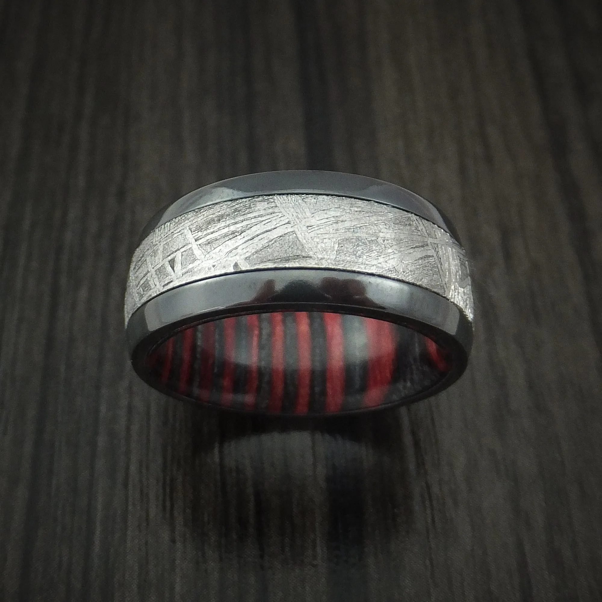 Black Titanium Men's Ring with Gibeon Meteorite and Applejack Wood Sleeve Custom Made Band