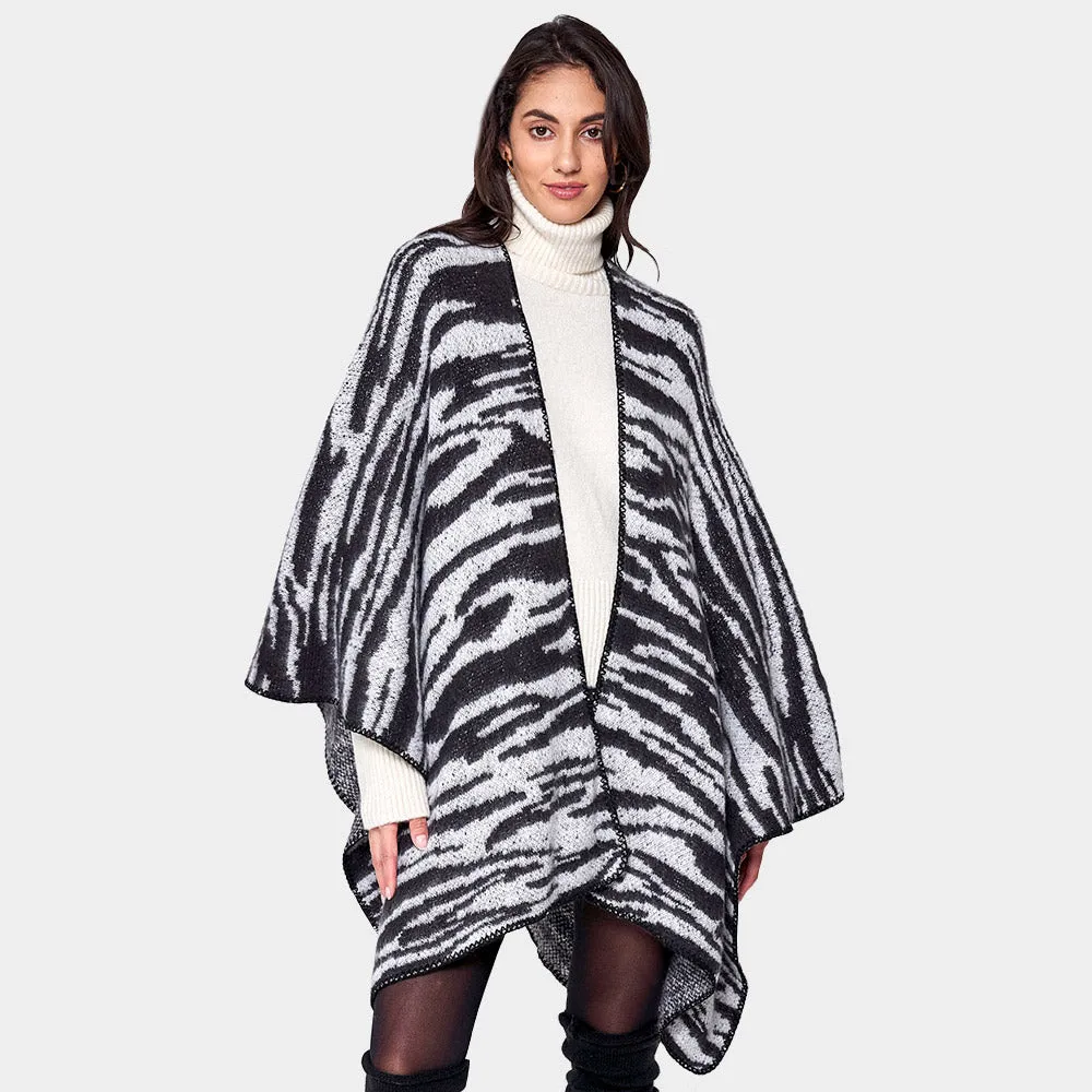 Black Zebra Patterned Ruana Poncho