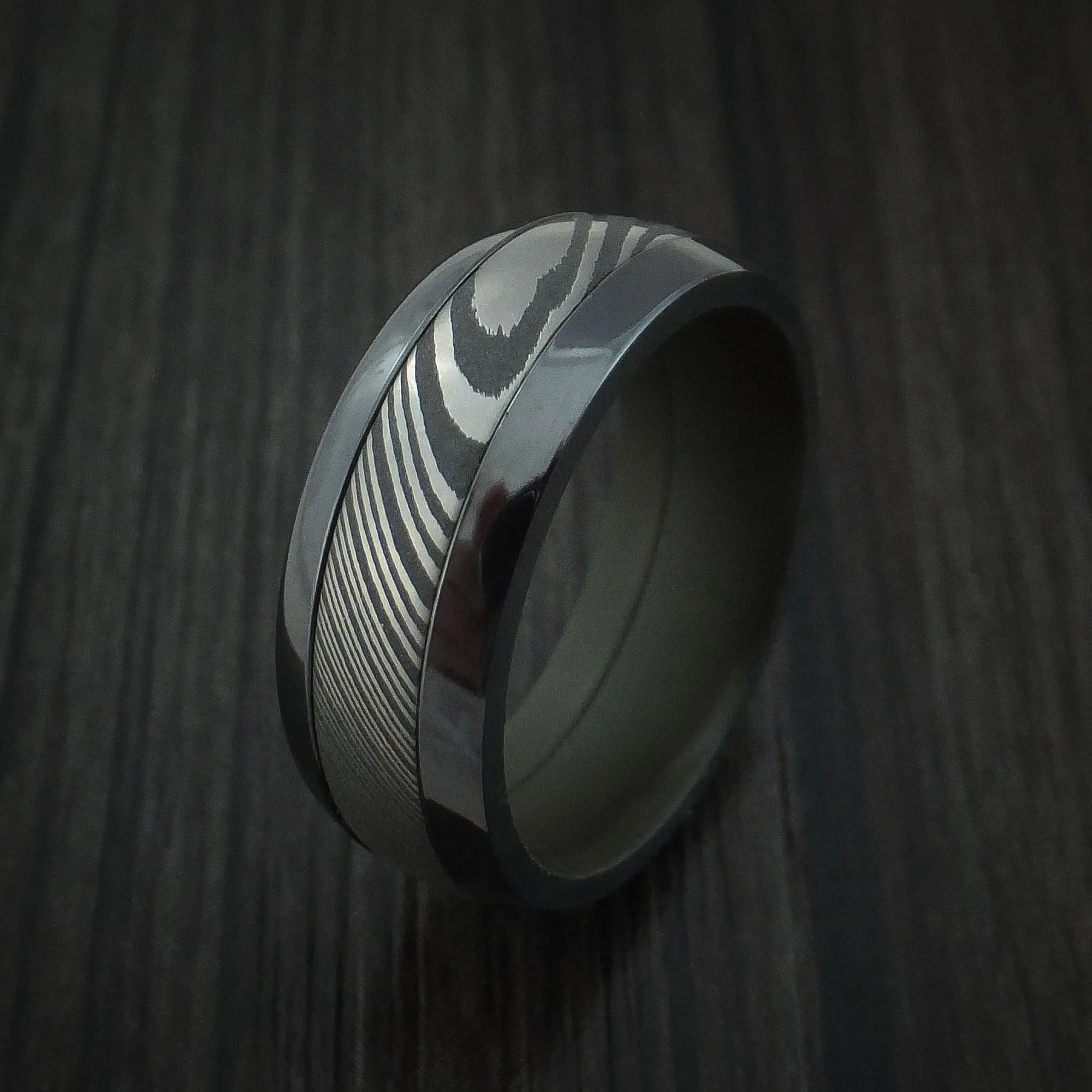 Black Zirconium and Damascus Steel Band with Vintage Green Cerakote Sleeve Custom Made Men's Ring