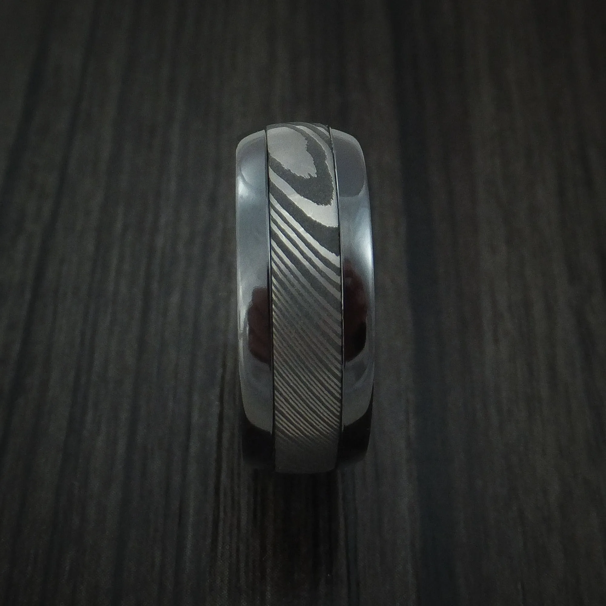 Black Zirconium and Damascus Steel Band with Vintage Green Cerakote Sleeve Custom Made Men's Ring