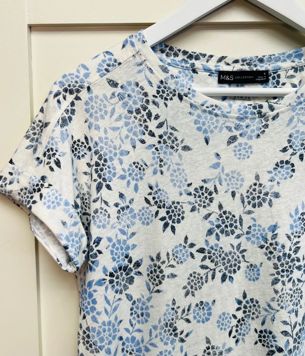 Blue Flower Print Linen Rich Top