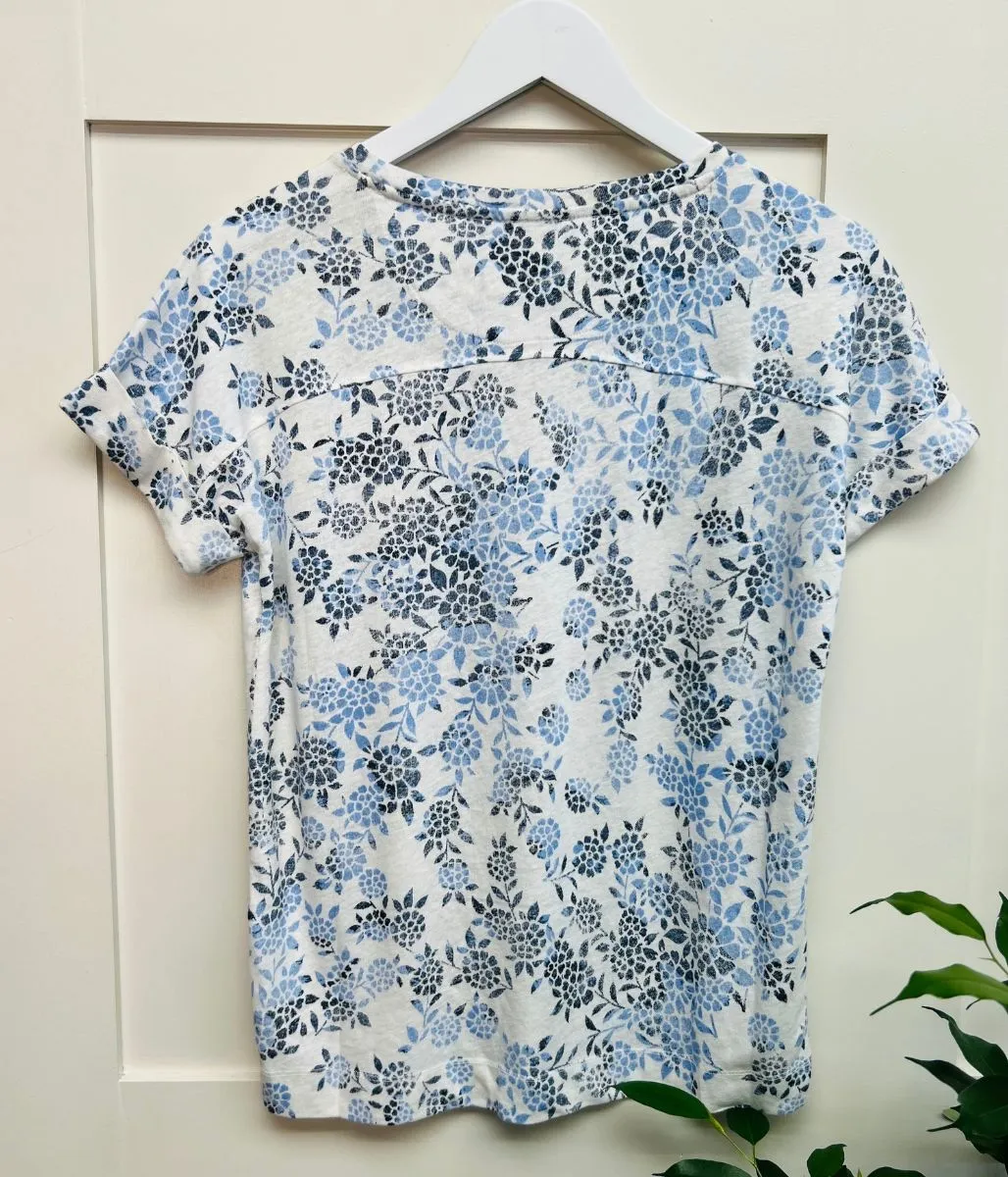 Blue Flower Print Linen Rich Top