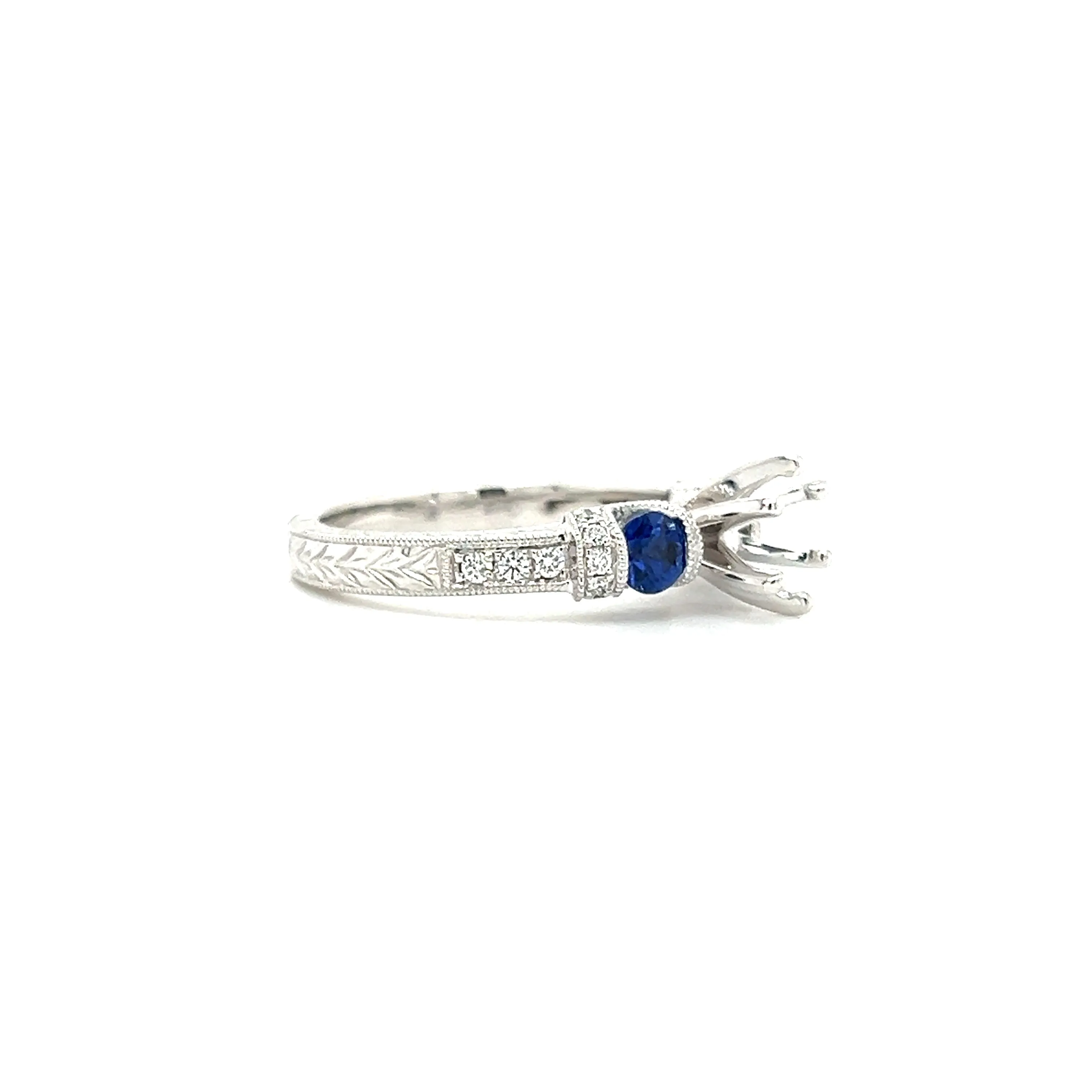 Blue Sapphire Three Stone Ring Setting with 0.15ctw of Diamonds in 14K White Gold