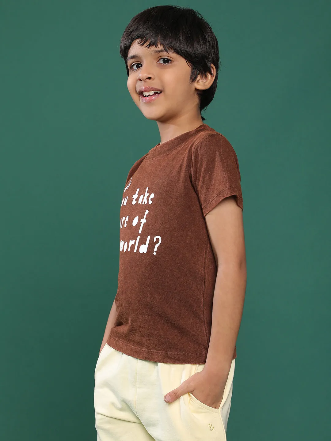 Boys Brown Printed Cotton T-shirt