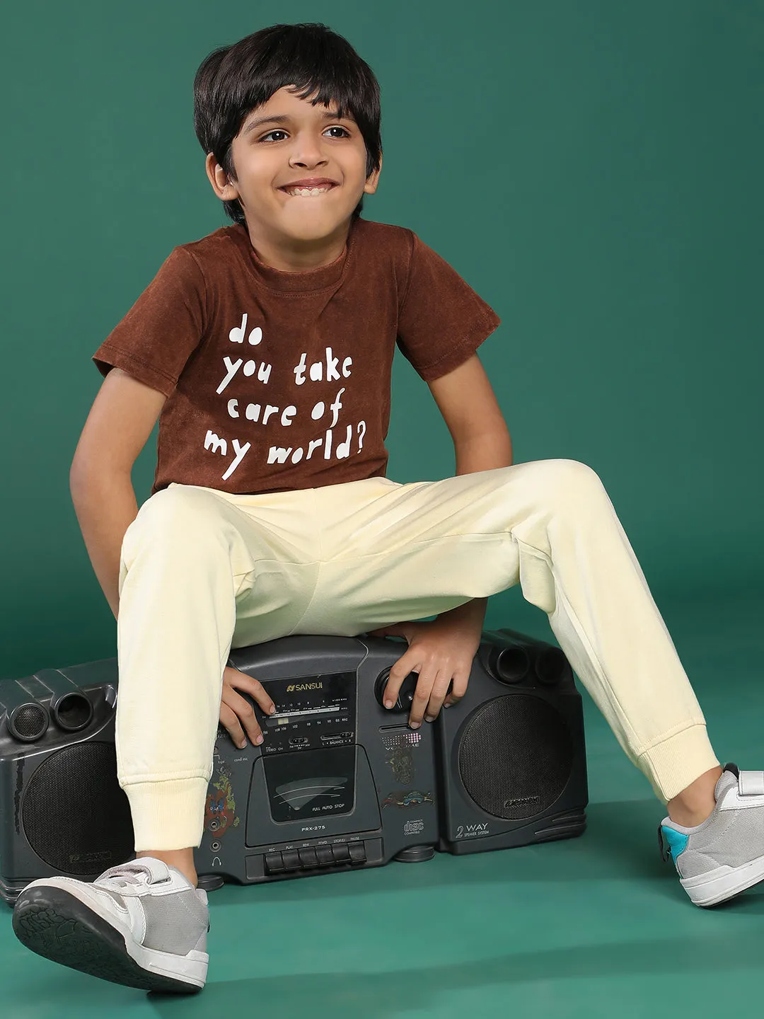 Boys Brown Printed Cotton T-shirt