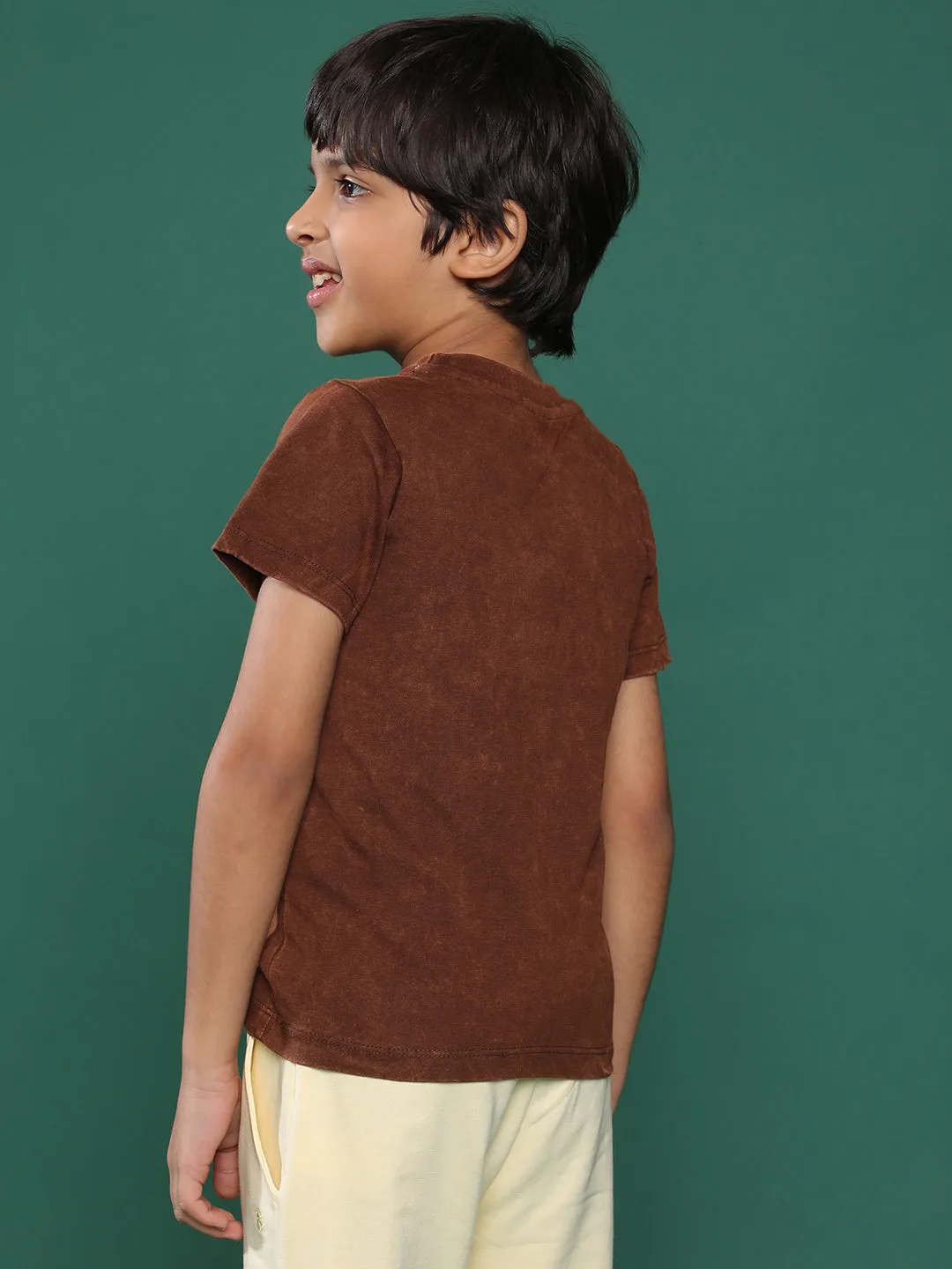 Boys Brown Printed Cotton T-shirt