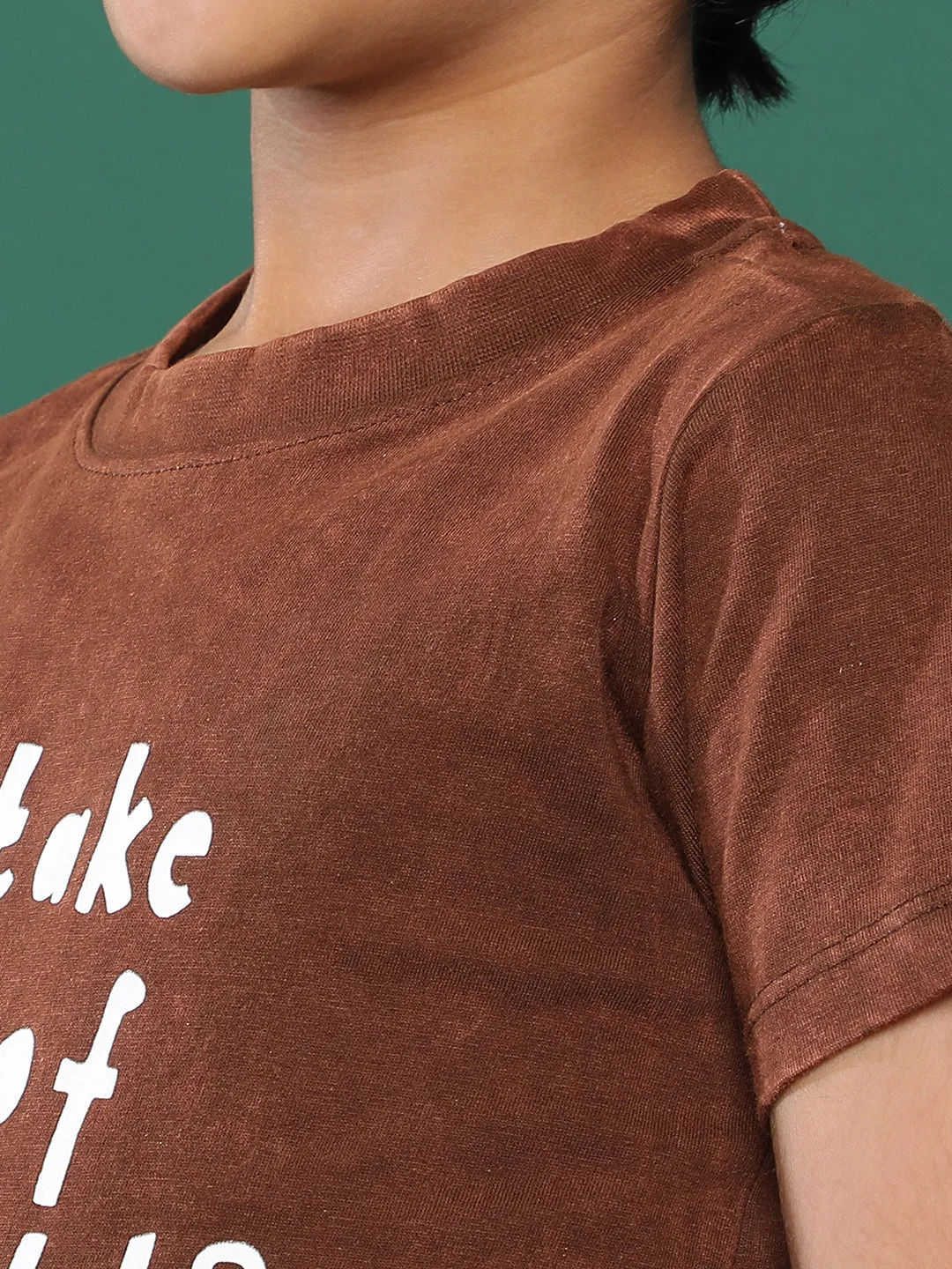 Boys Brown Printed Cotton T-shirt