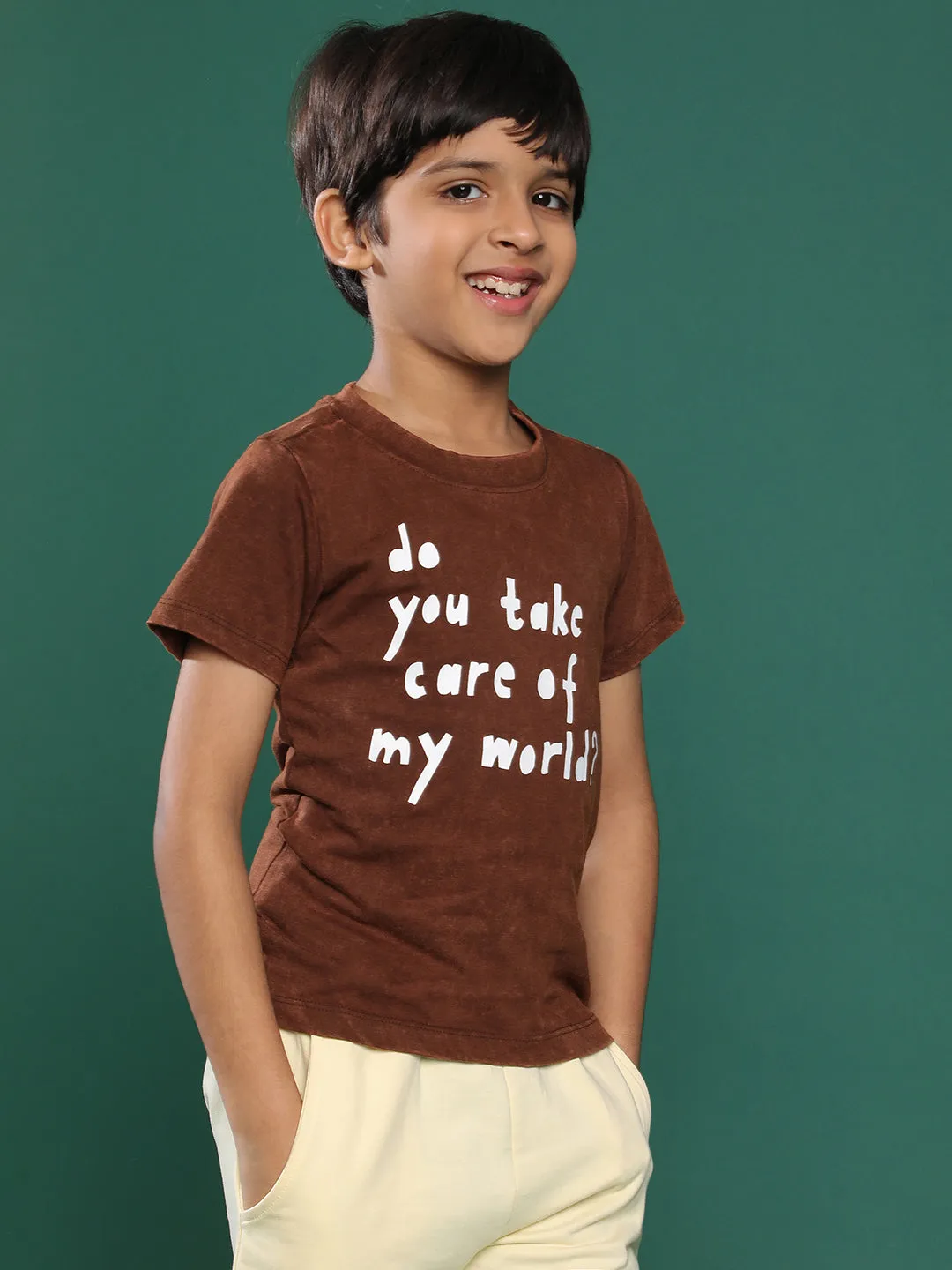 Boys Brown Printed Cotton T-shirt